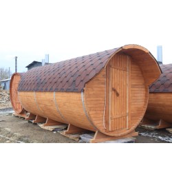Баня-бочка ComfortProm 5 метров с печным узлом, предбанником и помывочной + козырёк 0,5м