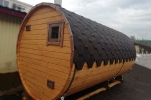 Баня-бочка ComfortProm 5 метров с печным узлом, предбанником и помывочной