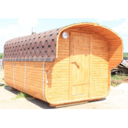 Баня квадро-бочка ComfortProm 4 метра с печным узлом и предбанником + козырёк 0,5м