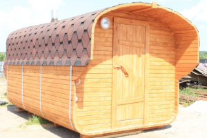 Баня квадро-бочка ComfortProm 4 метра с печным узлом и предбанником + козырёк 0,5м
