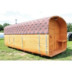 Баня квадро-бочка ComfortProm 5 метров с печным узлом, предбанником и помывочной + терраса 0,5м