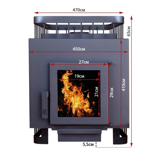 Печь банная ComfortProm СТАЛЬ 8 мм, для парной до 16 кубов, вес 79 кг, длина дров до 30 см, на 130 кг камней, дверь со стеклом
