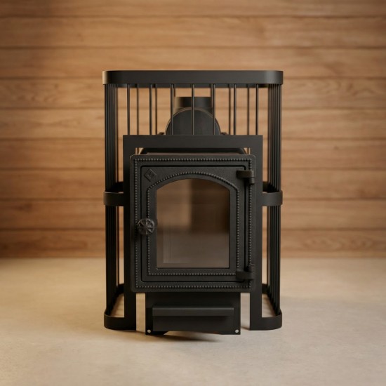 Печь банная ComfortProm ЧУГУН, для парной до 20 кубов, вес 72 кг, длина дров до 40 см, на 130 кг камней, чугунная дверь со стеклом