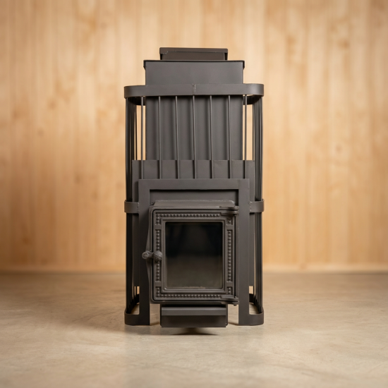 Печь банная ComfortProm СТАЛЬ 8 мм ЗАКРЫТАЯ КАМЕНКА, для парной до 26 кубов, вес 117 кг, длина дров до 50 см, на 200 кг камней, чугунная дверь со стеклом