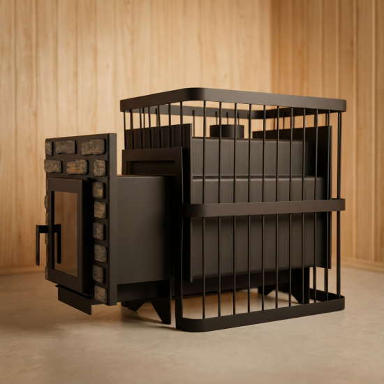 Печь банная ComfortProm СТАЛЬ 8 мм, для парной до 26 кубов, вес 104 кг, длина дров до 50 см, на 160 кг камней, дверь со стеклом декор