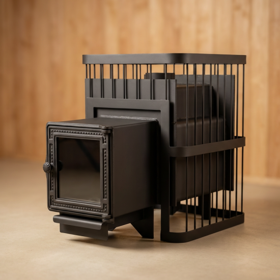 Печь банная ComfortProm СТАЛЬ 8 мм, для парной до 20 кубов, вес 89 кг, длина дров до 40 см, на 130 кг камней, чугунная дверь со стеклом