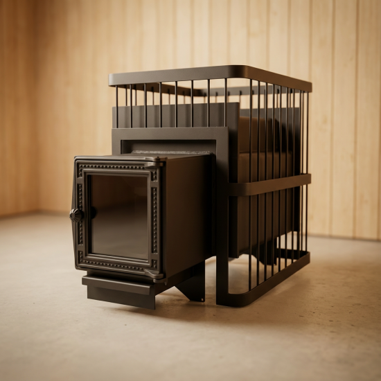 Печь банная ComfortProm СТАЛЬ 8 мм, для парной до 26 кубов, вес 104 кг, длина дров до 50 см, на 160 кг камней, чугунная дверь со стеклом