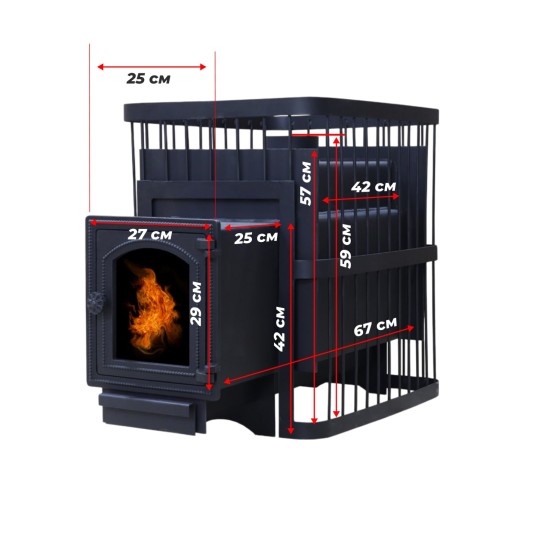 Печь банная ComfortProm СТАЛЬ 8 мм, для парной до 20 кубов, вес 89 кг, длина дров до 40 см, на 130 кг камней, чугунная дверь со стеклом